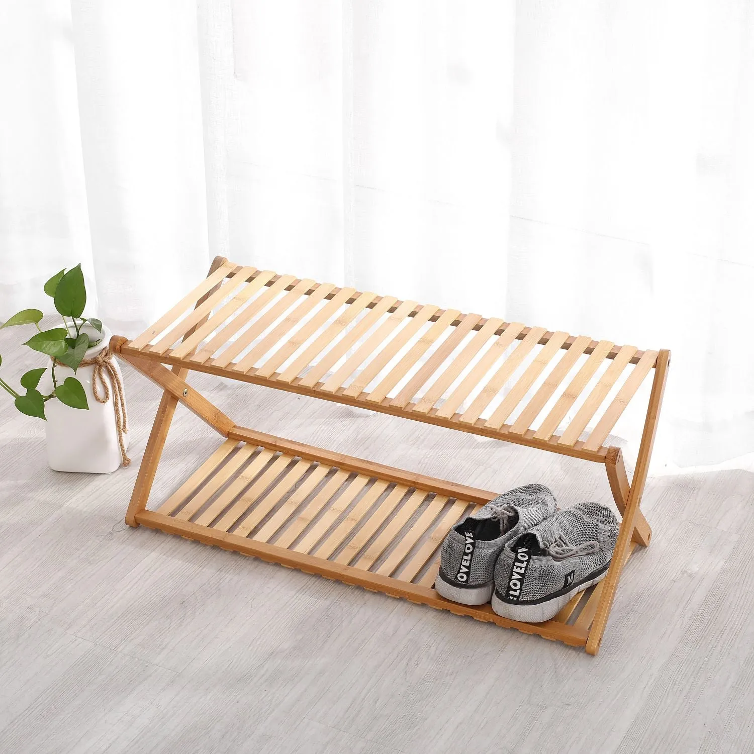 2-Tier Portable Natural Bamboo Shoe Rack