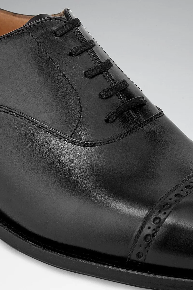 Black Calf Leather Punch Toe Cap Oxford Shoes