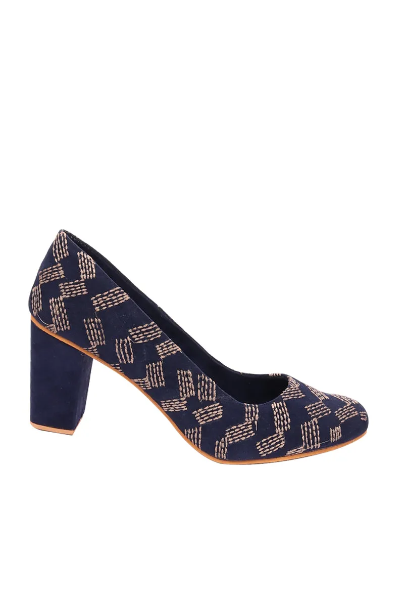 Blue Kantha Embroidery Suede Block Heels