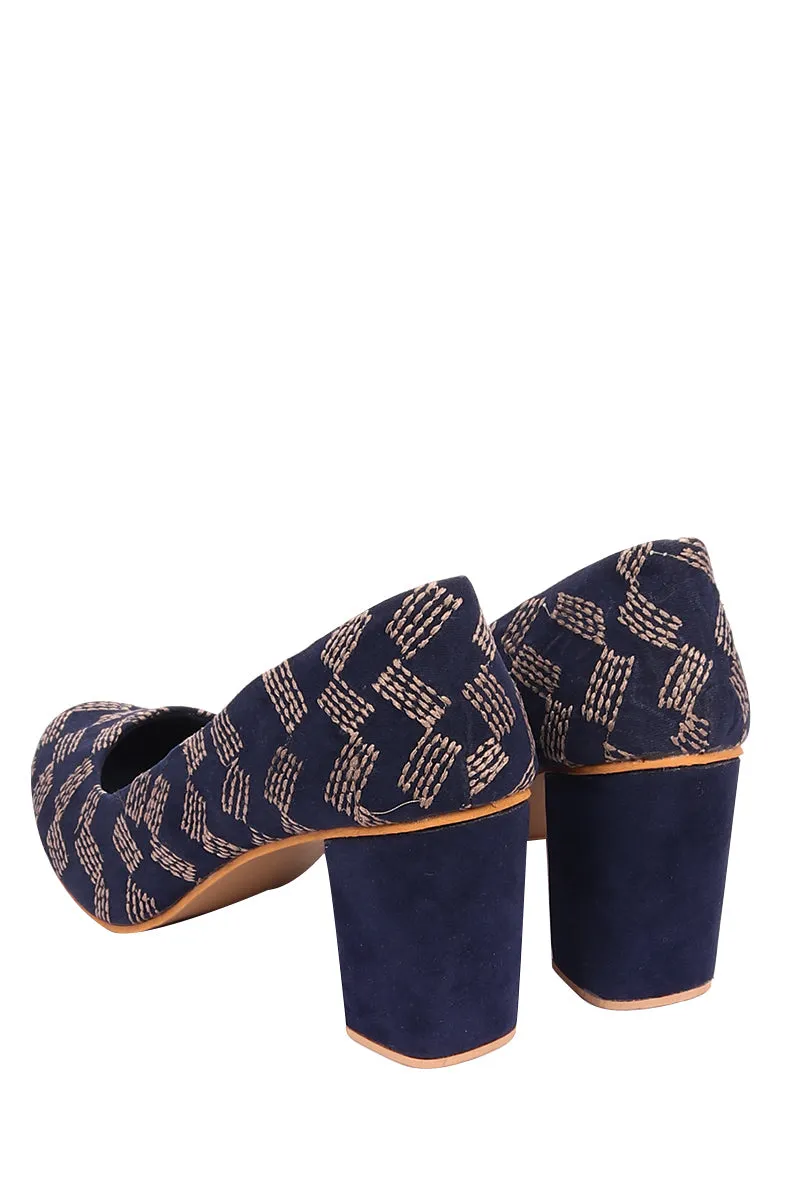 Blue Kantha Embroidery Suede Block Heels