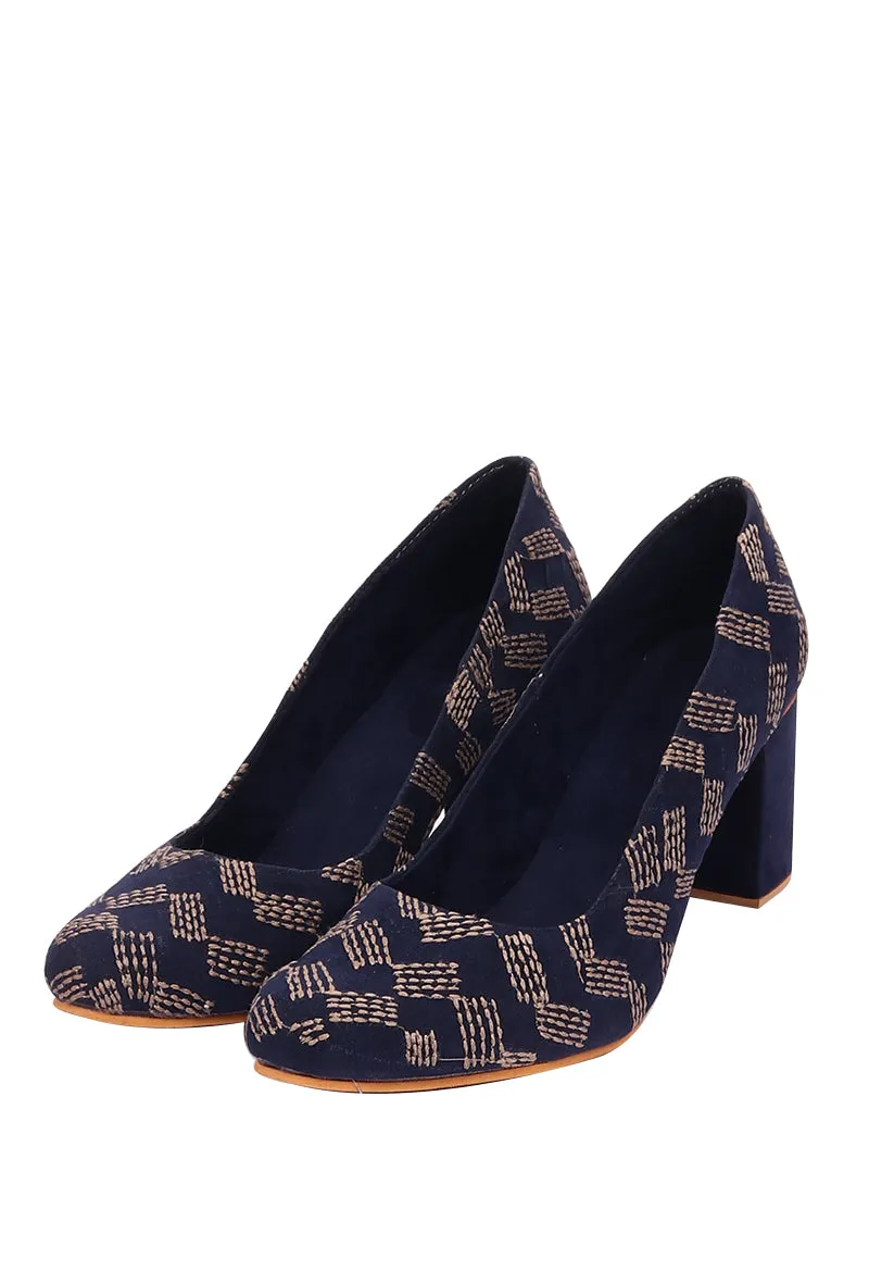 Blue Kantha Embroidery Suede Block Heels