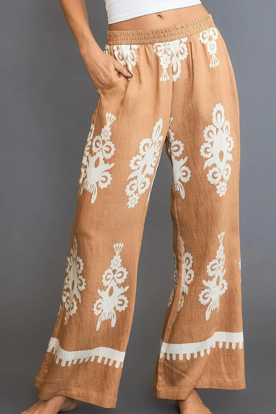 Border Print Wide Leg Pants