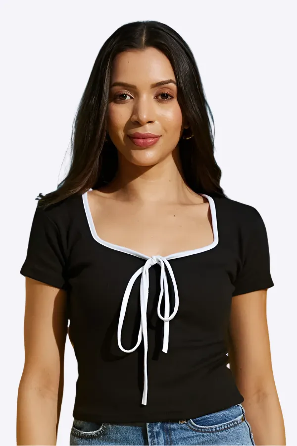 Bow Front Ruffle Trim Crop Top