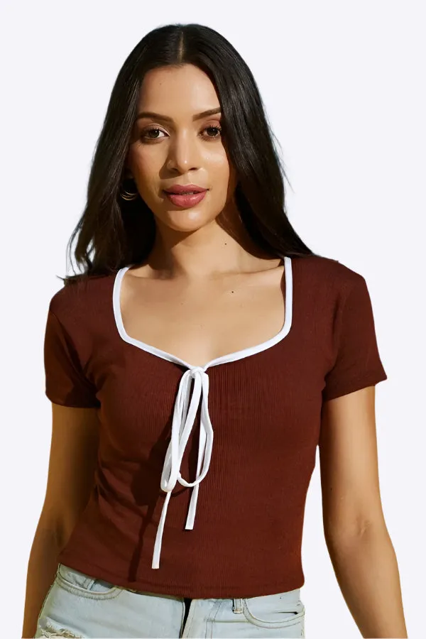 Bow Front Ruffle Trim Crop Top