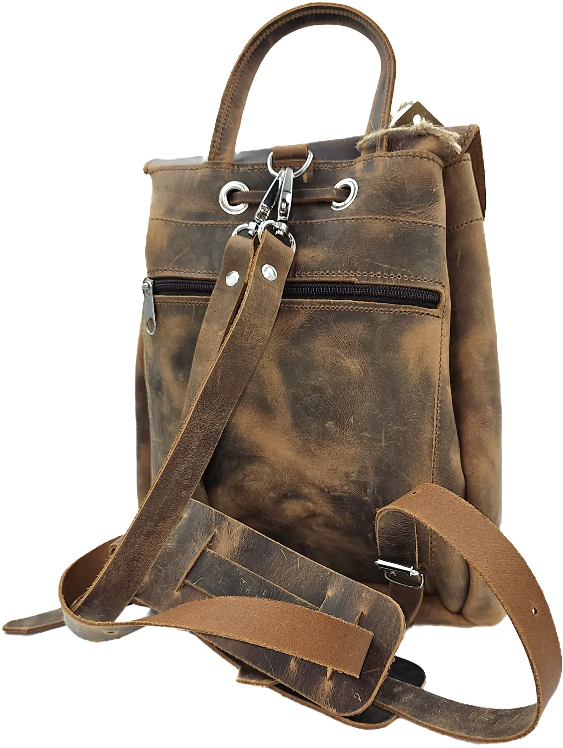 Brown crazy horse leather backpack from oil tanned leather and front locker pocket