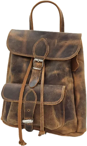 Brown crazy horse leather backpack from oil tanned leather and front locker pocket