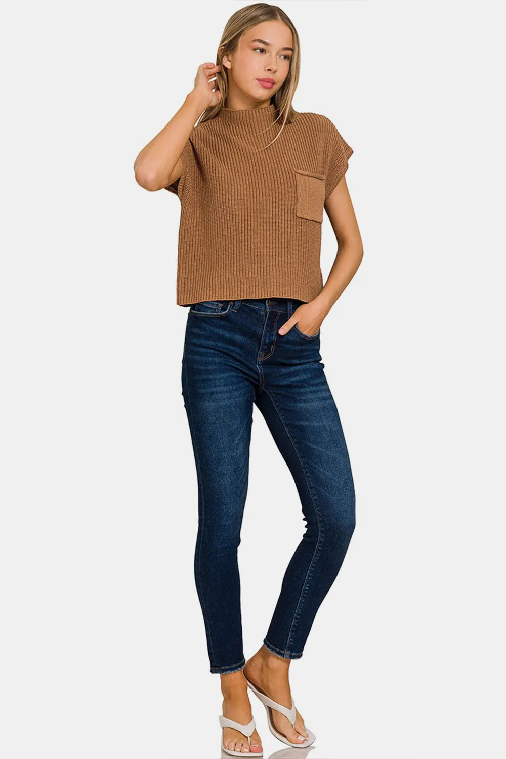 Caramel  Neck Short Copped Sweater& Short Sleeves