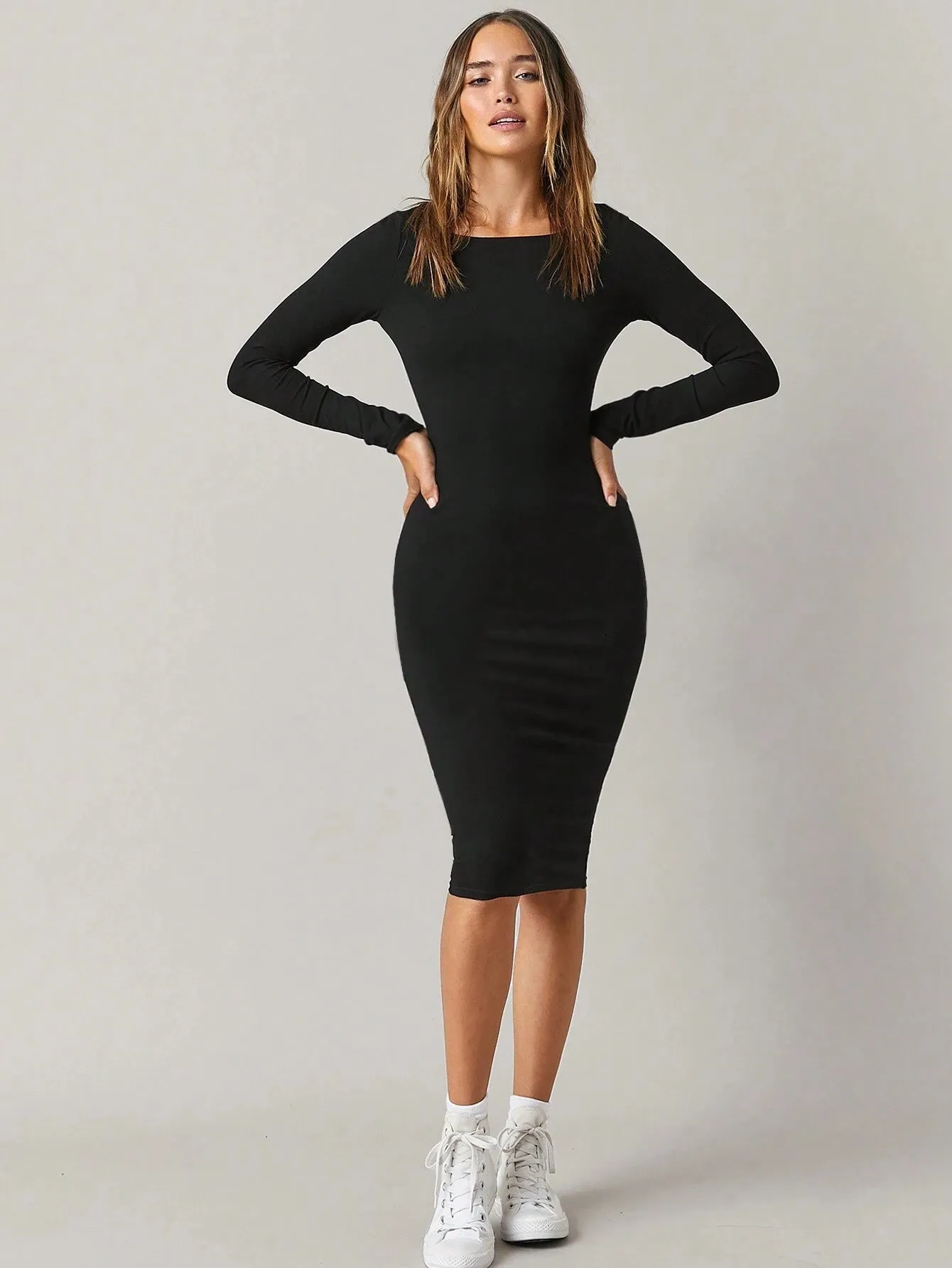 Classy Attitude Ribbed Square Neck Dress