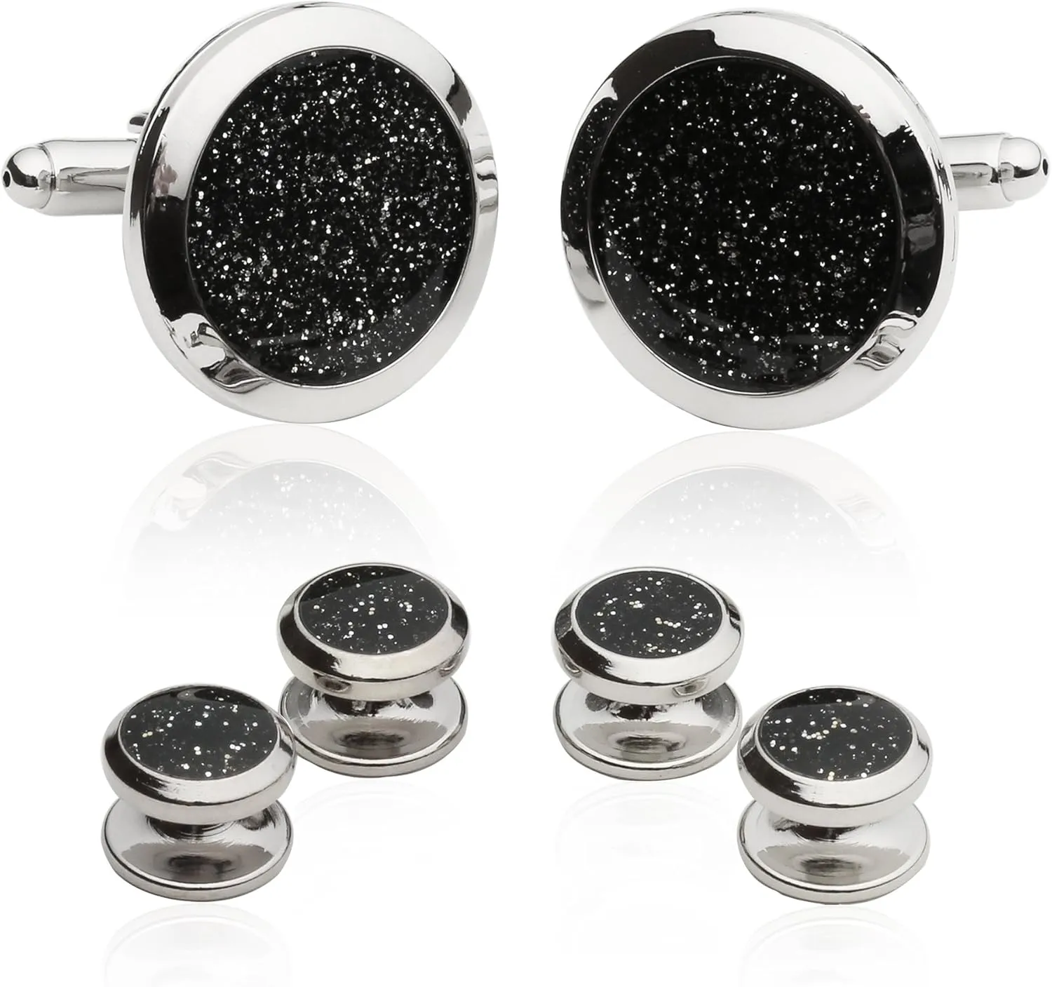 Cuff-Daddy Men's Black Diamond Dust Tuxedo Cuff Links and Studs Set with Presentation Jewelry Idea Box - 7/8" cufflinks, 3/8" studs - Business Attire Cufflinks & Shirt Accessories Special