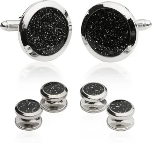 Cuff-Daddy Men's Black Diamond Dust Tuxedo Cuff Links and Studs Set with Presentation Jewelry Idea Box - 7/8" cufflinks, 3/8" studs - Business Attire Cufflinks & Shirt Accessories Special