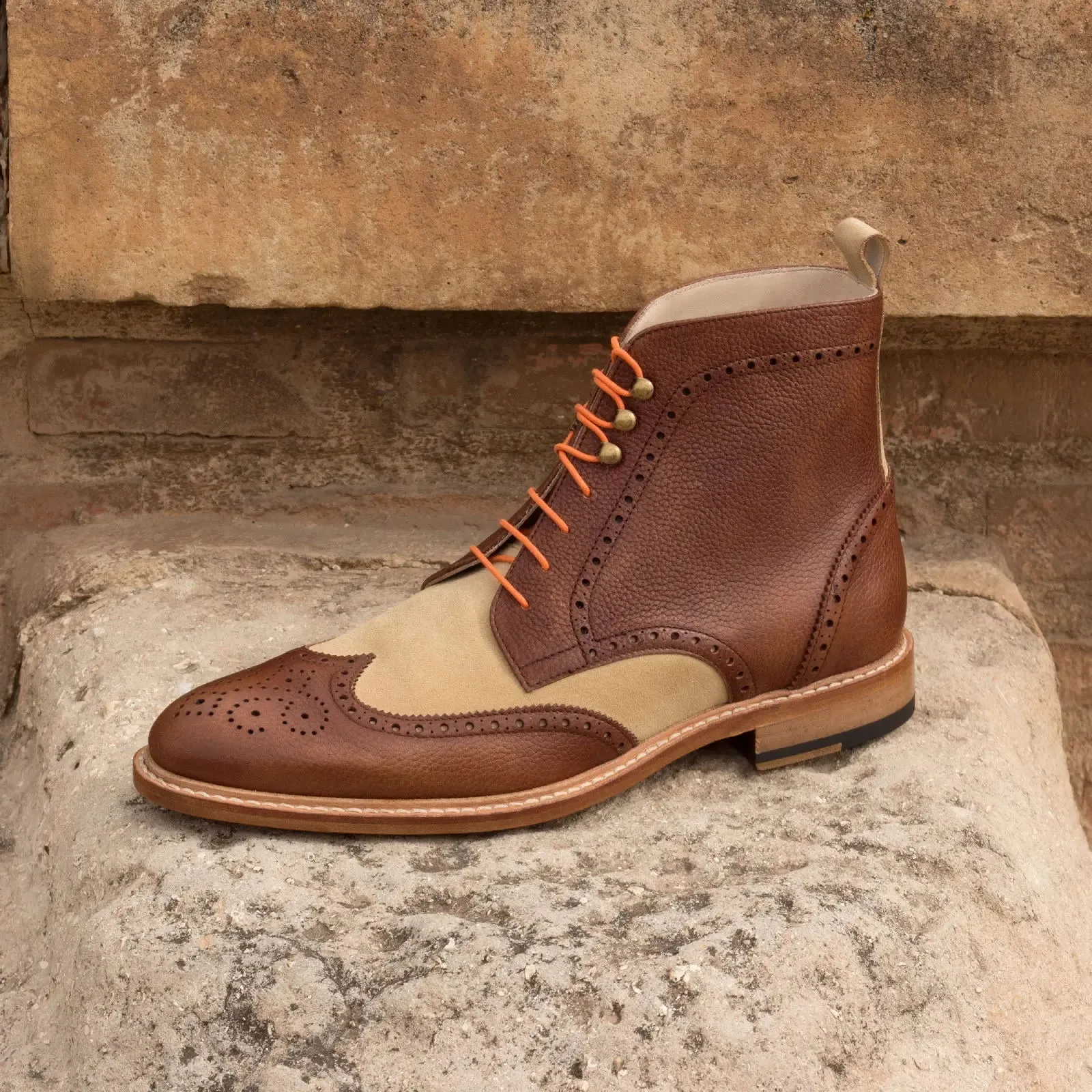 DapperFam Valiant in Med Brown / Sand Men's Lux Suede & Italian Full Grain Leather Military Brogue