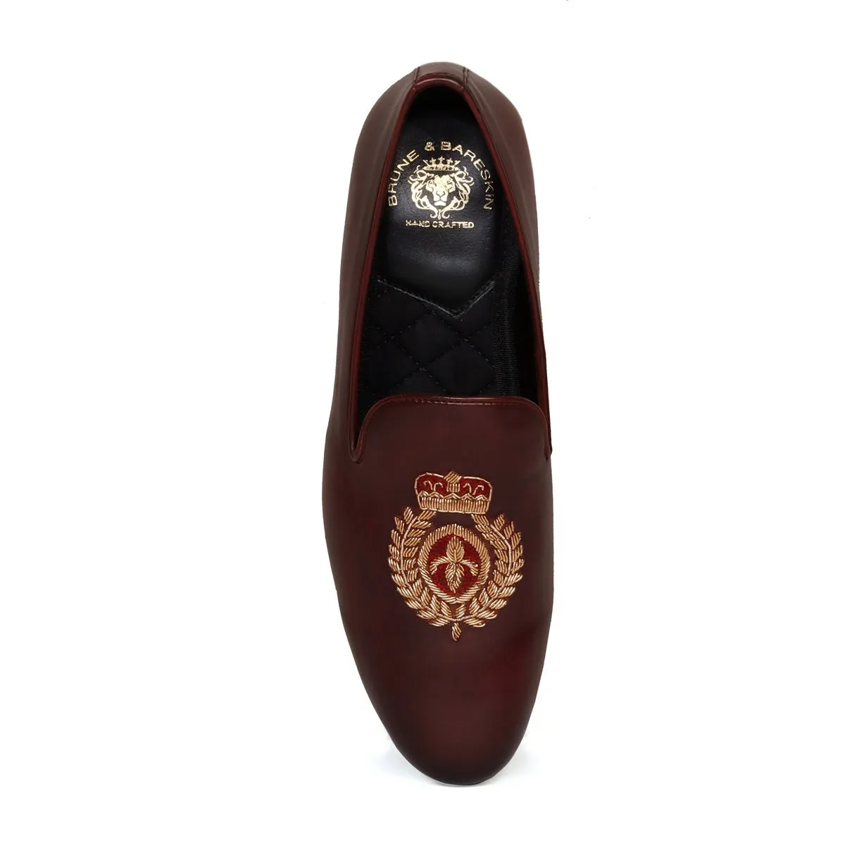 Dark Brown Leather Slip-On with Fleur-de-lis Crown Crest Zardosi By Brune & Bareskin