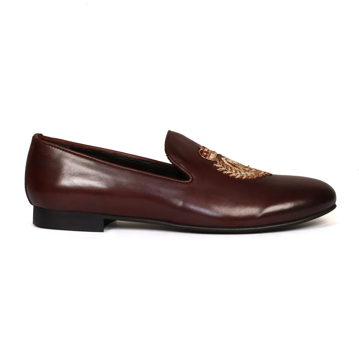 Dark Brown Leather Slip-On with Fleur-de-lis Crown Crest Zardosi By Brune & Bareskin