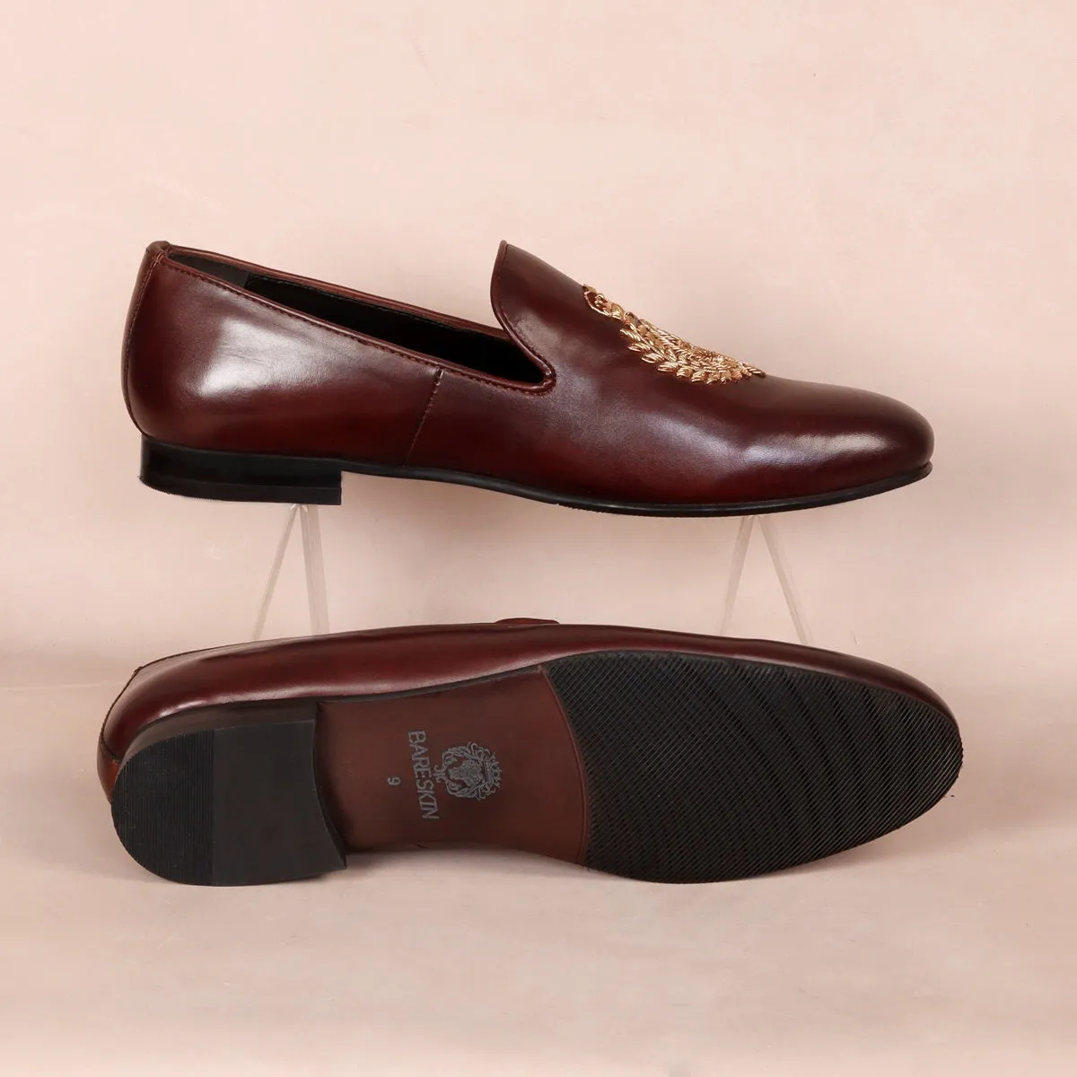 Dark Brown Leather Slip-On with Fleur-de-lis Crown Crest Zardosi By Brune & Bareskin