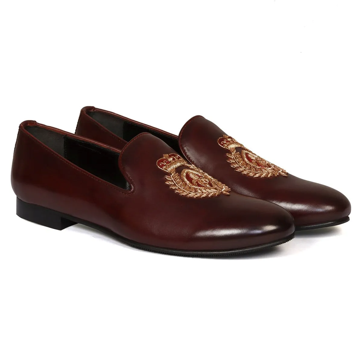 Dark Brown Leather Slip-On with Fleur-de-lis Crown Crest Zardosi By Brune & Bareskin