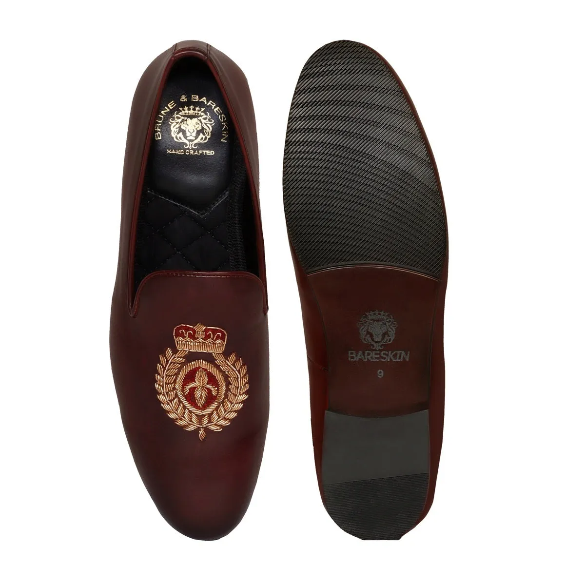 Dark Brown Leather Slip-On with Fleur-de-lis Crown Crest Zardosi By Brune & Bareskin