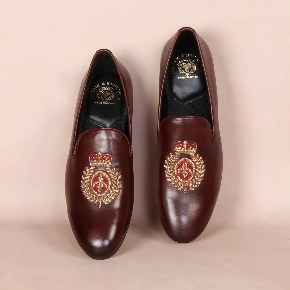 Dark Brown Leather Slip-On with Fleur-de-lis Crown Crest Zardosi By Brune & Bareskin