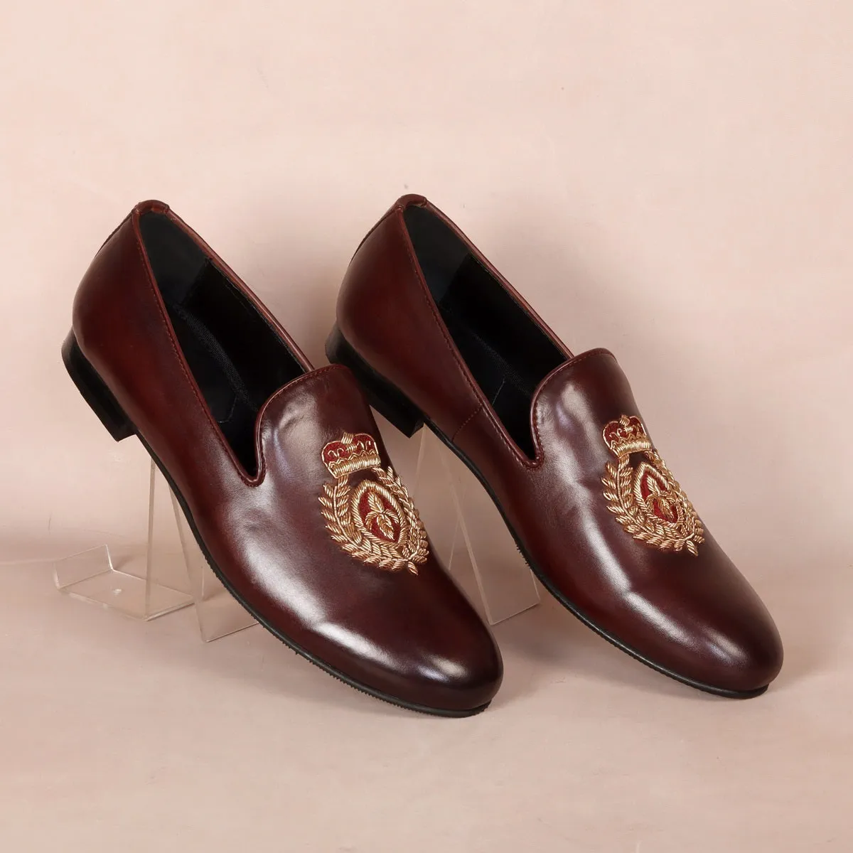 Dark Brown Leather Slip-On with Fleur-de-lis Crown Crest Zardosi By Brune & Bareskin