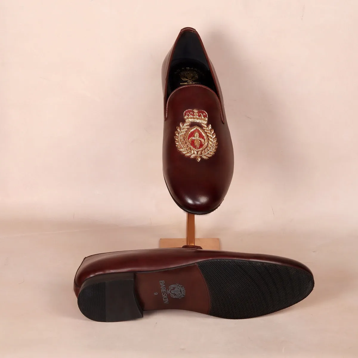 Dark Brown Leather Slip-On with Fleur-de-lis Crown Crest Zardosi By Brune & Bareskin