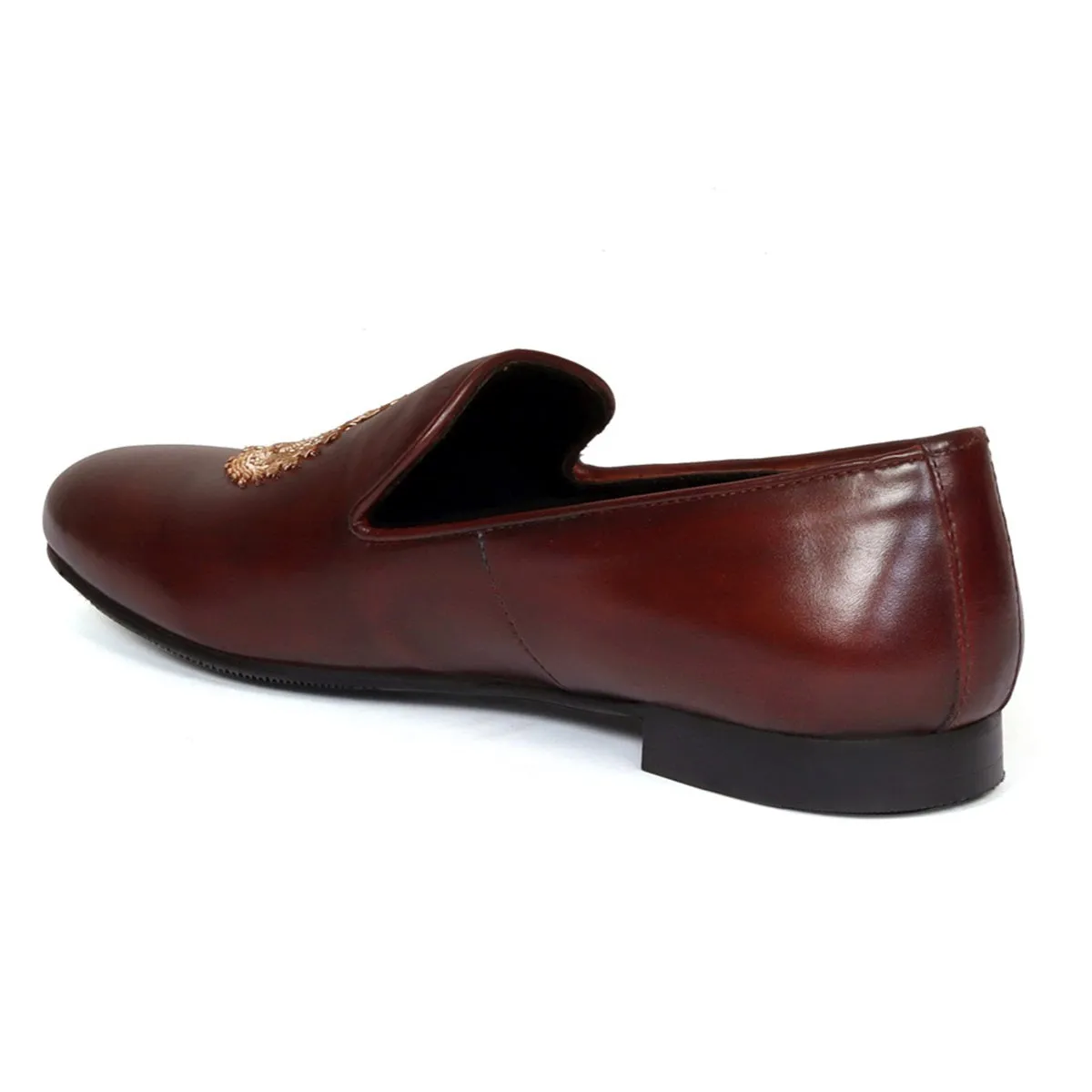 Dark Brown Leather Slip-On with Fleur-de-lis Crown Crest Zardosi By Brune & Bareskin