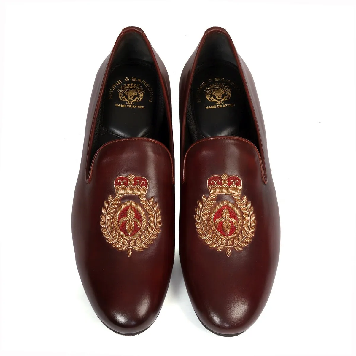 Dark Brown Leather Slip-On with Fleur-de-lis Crown Crest Zardosi By Brune & Bareskin