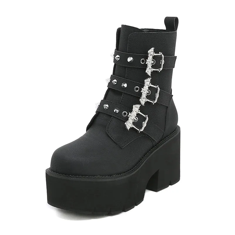 Edgy Black Goth Boots with Bat Buckle - Rugged Sole Ankle Booties