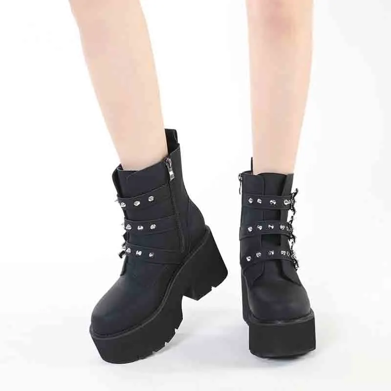 Edgy Black Goth Boots with Bat Buckle - Rugged Sole Ankle Booties
