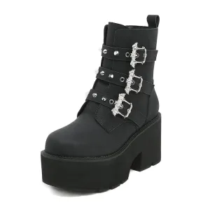 Edgy Black Goth Boots with Bat Buckle - Rugged Sole Ankle Booties