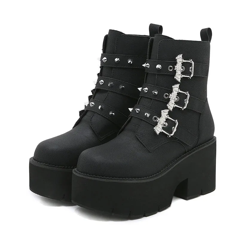 Edgy Black Goth Boots with Bat Buckle - Rugged Sole Ankle Booties