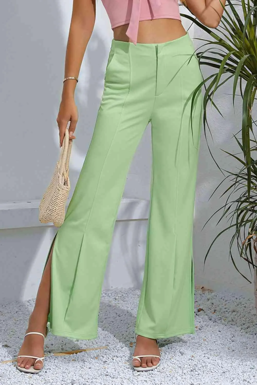 Fashion Icon Slit Detail High-Rise Mint Green Flare Pants