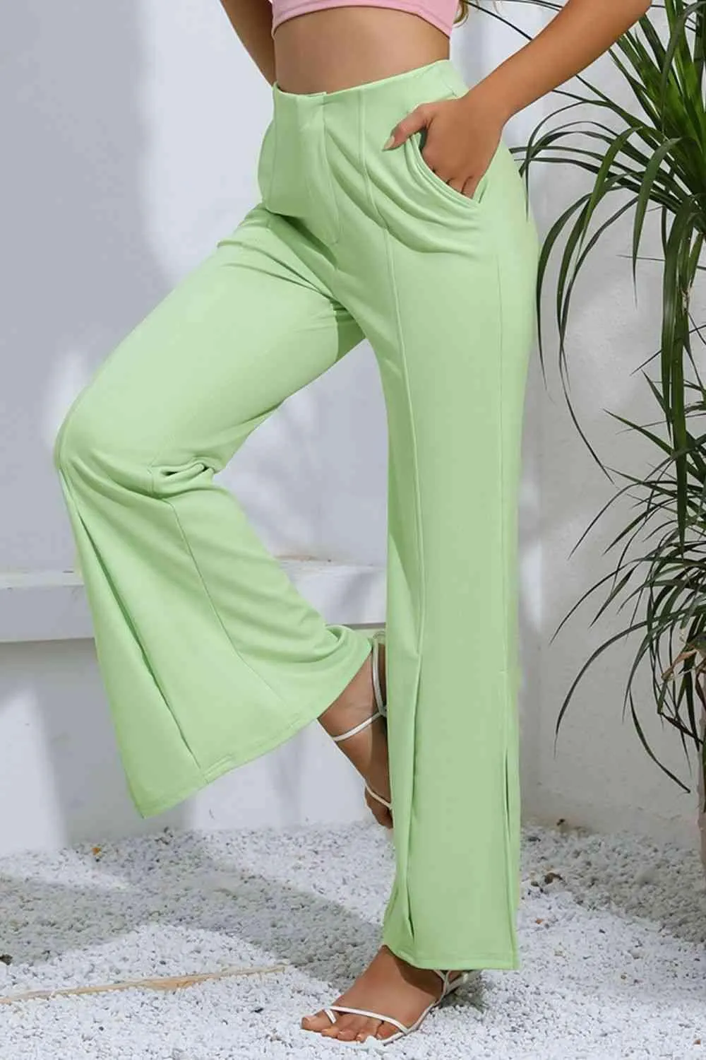 Fashion Icon Slit Detail High-Rise Mint Green Flare Pants