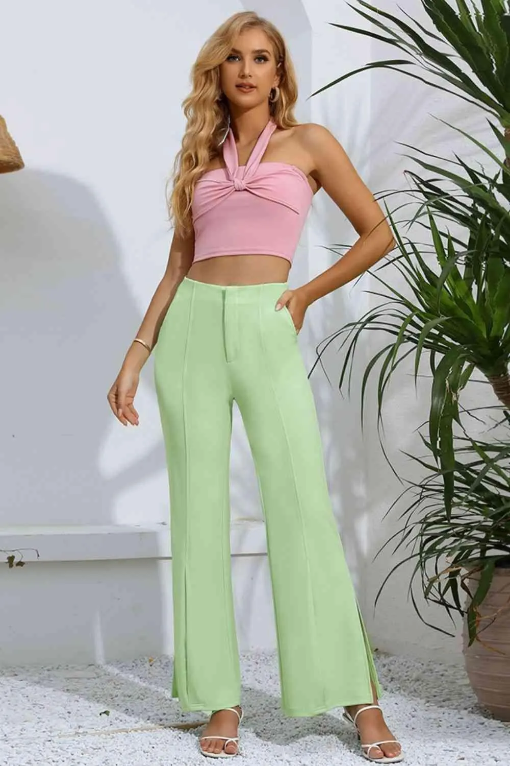 Fashion Icon Slit Detail High-Rise Mint Green Flare Pants