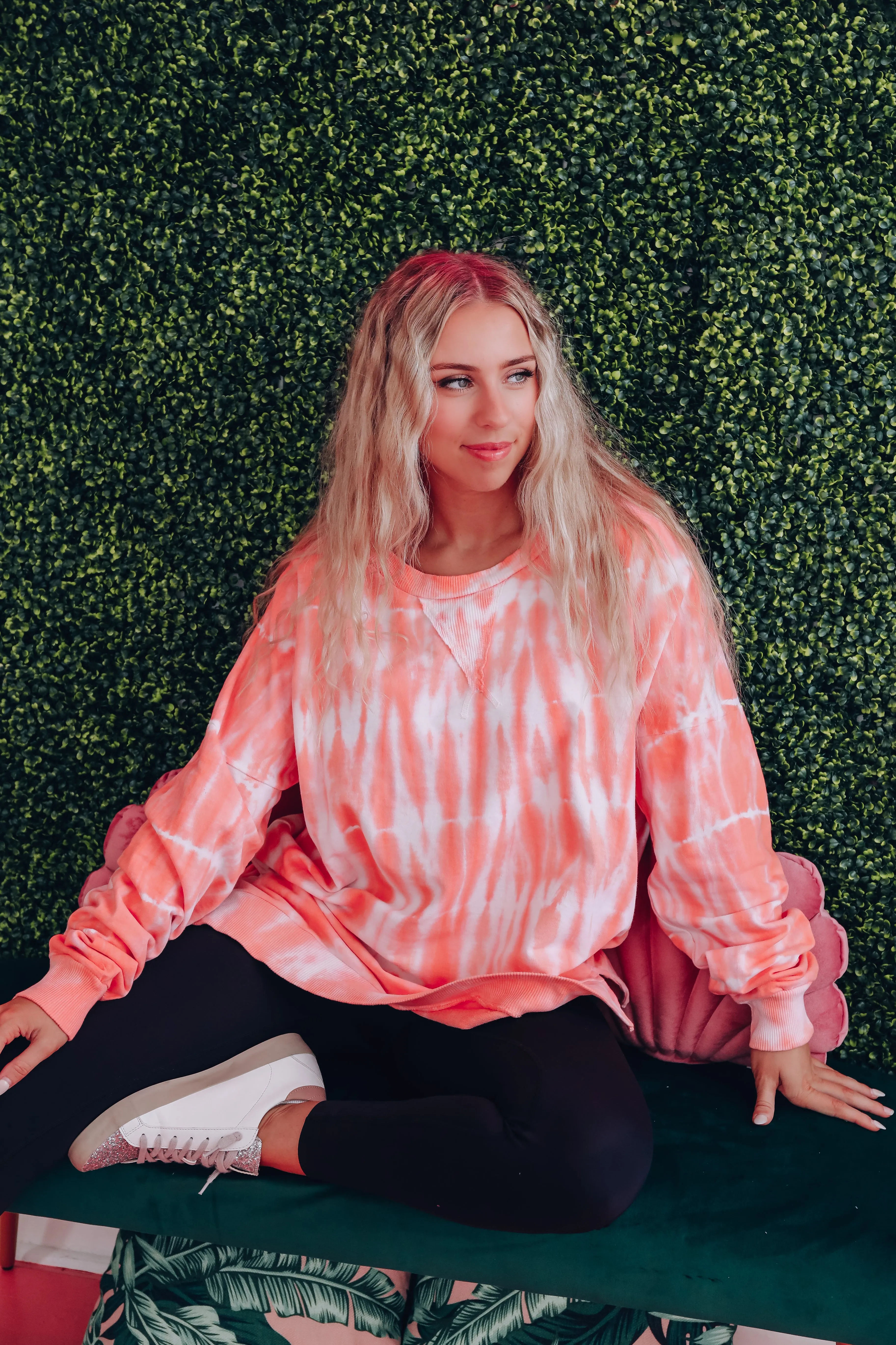 Free Form Tie Dye Long Sleeve Top - Neon Coral
