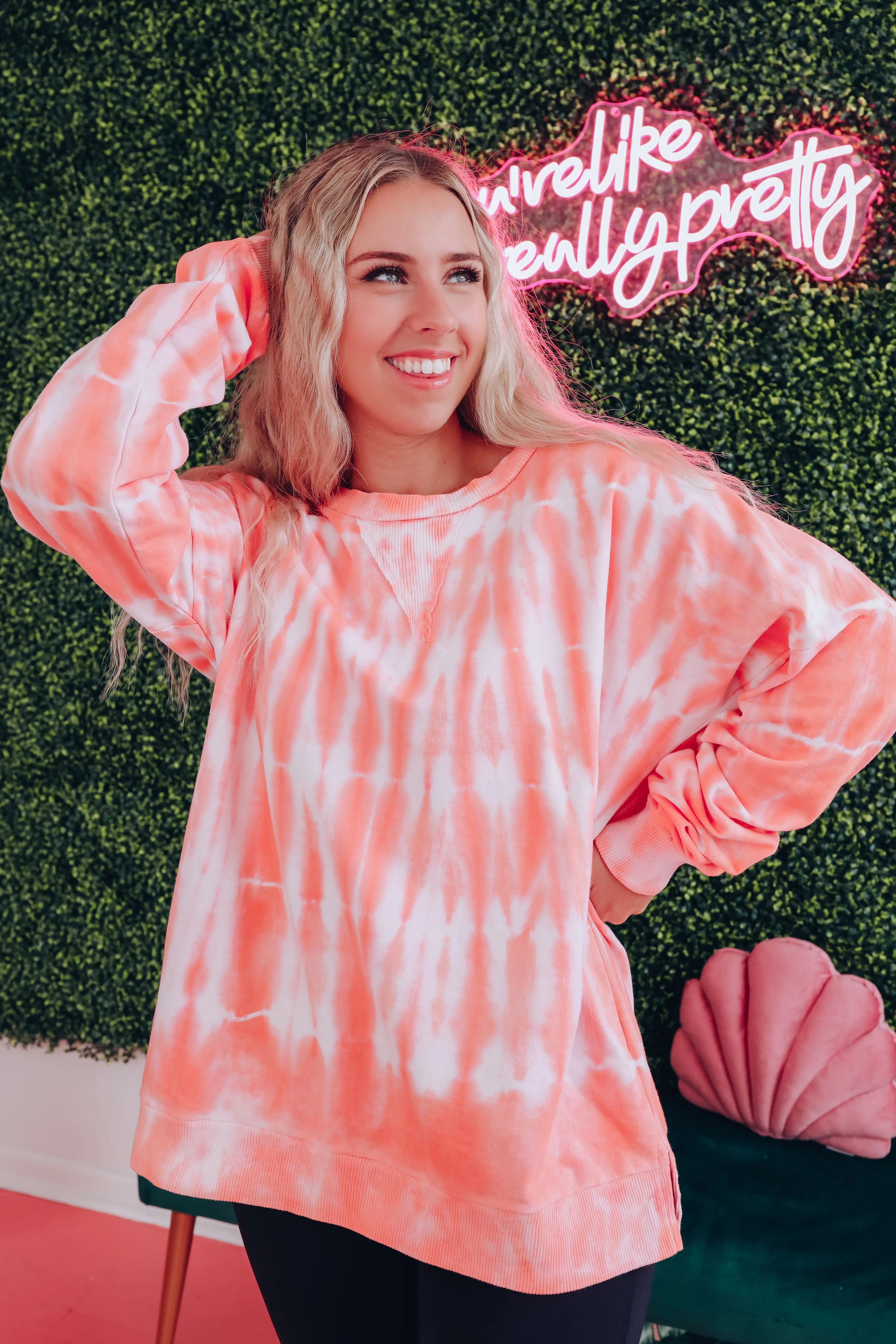 Free Form Tie Dye Long Sleeve Top - Neon Coral