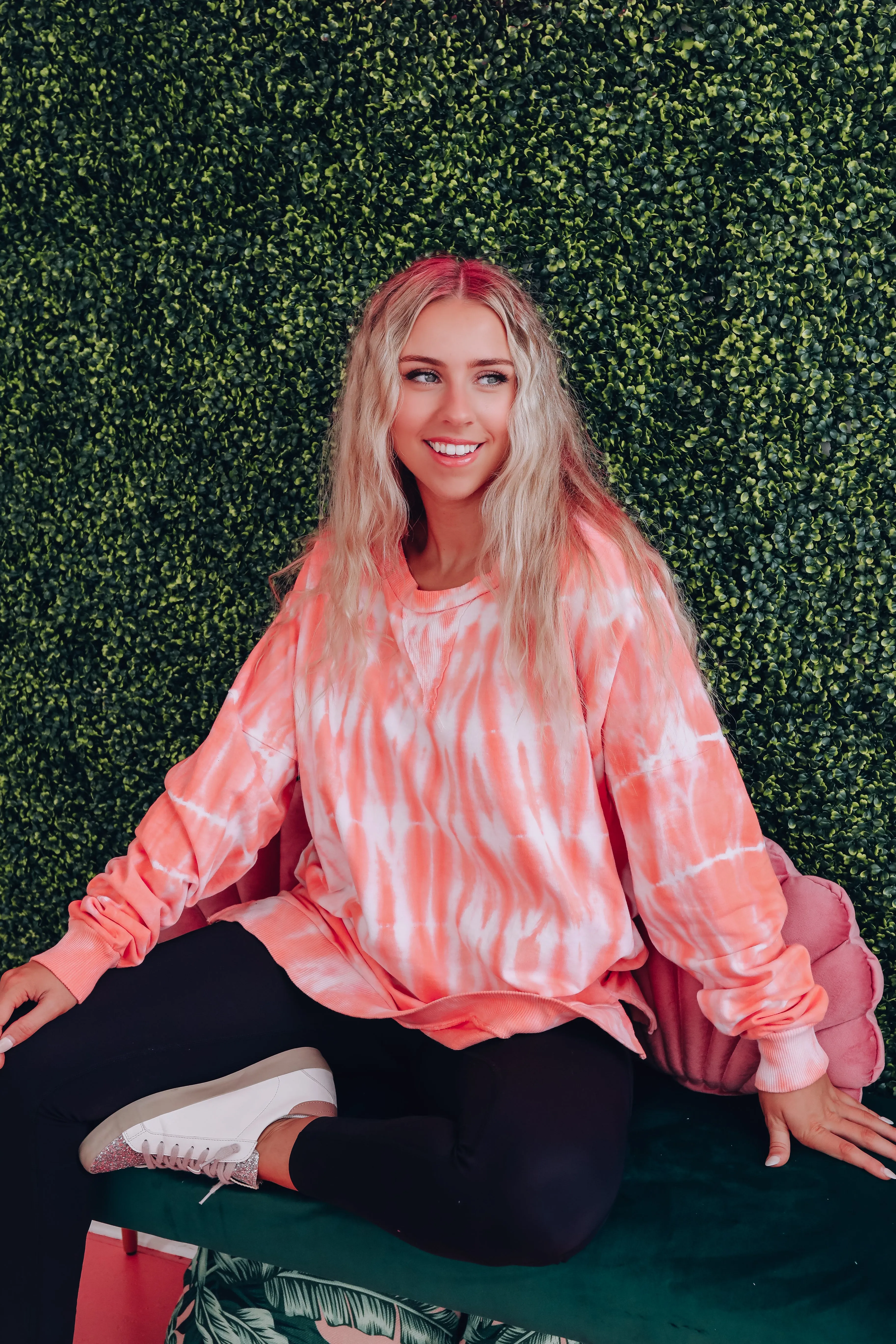 Free Form Tie Dye Long Sleeve Top - Neon Coral
