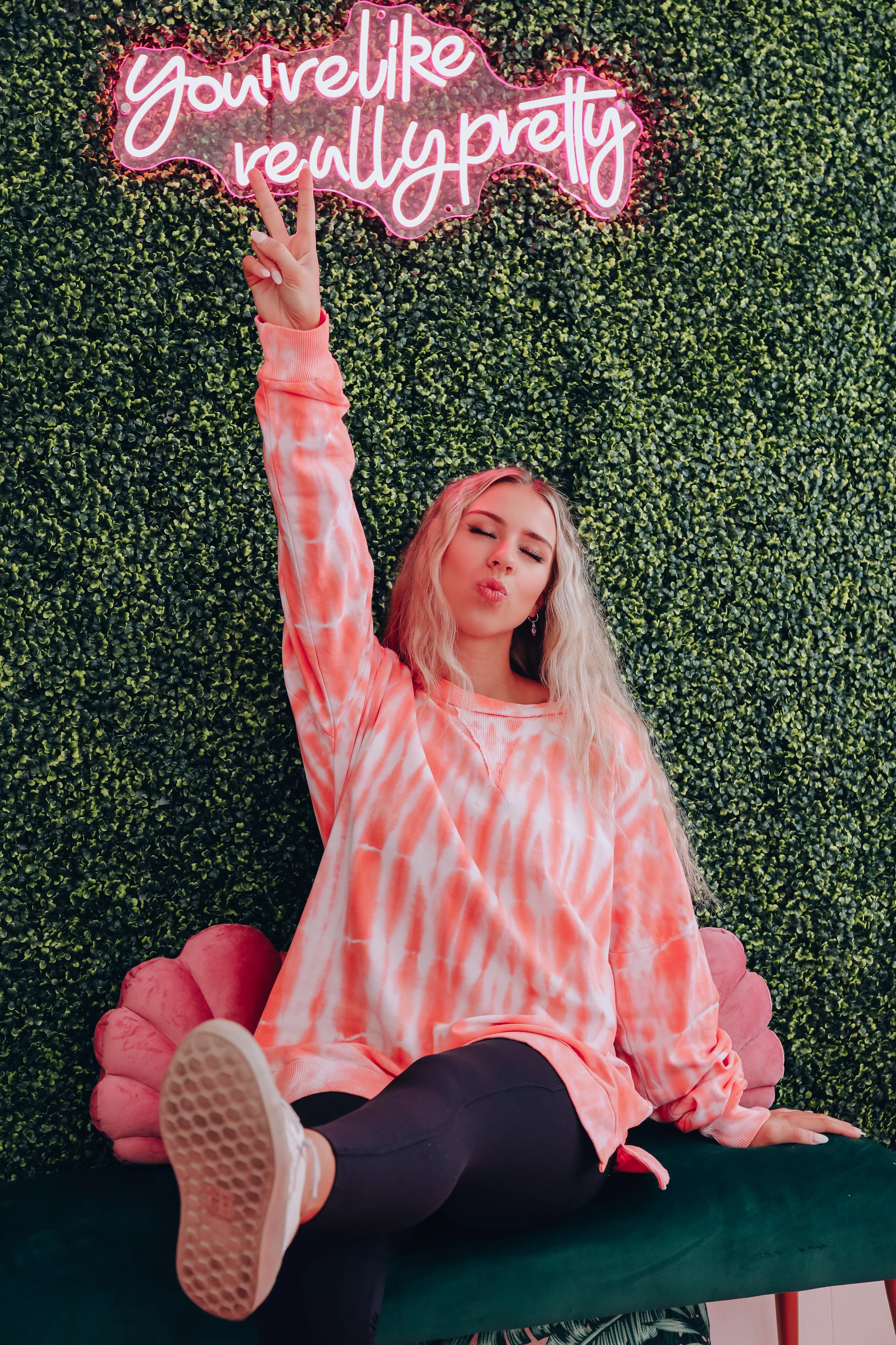 Free Form Tie Dye Long Sleeve Top - Neon Coral
