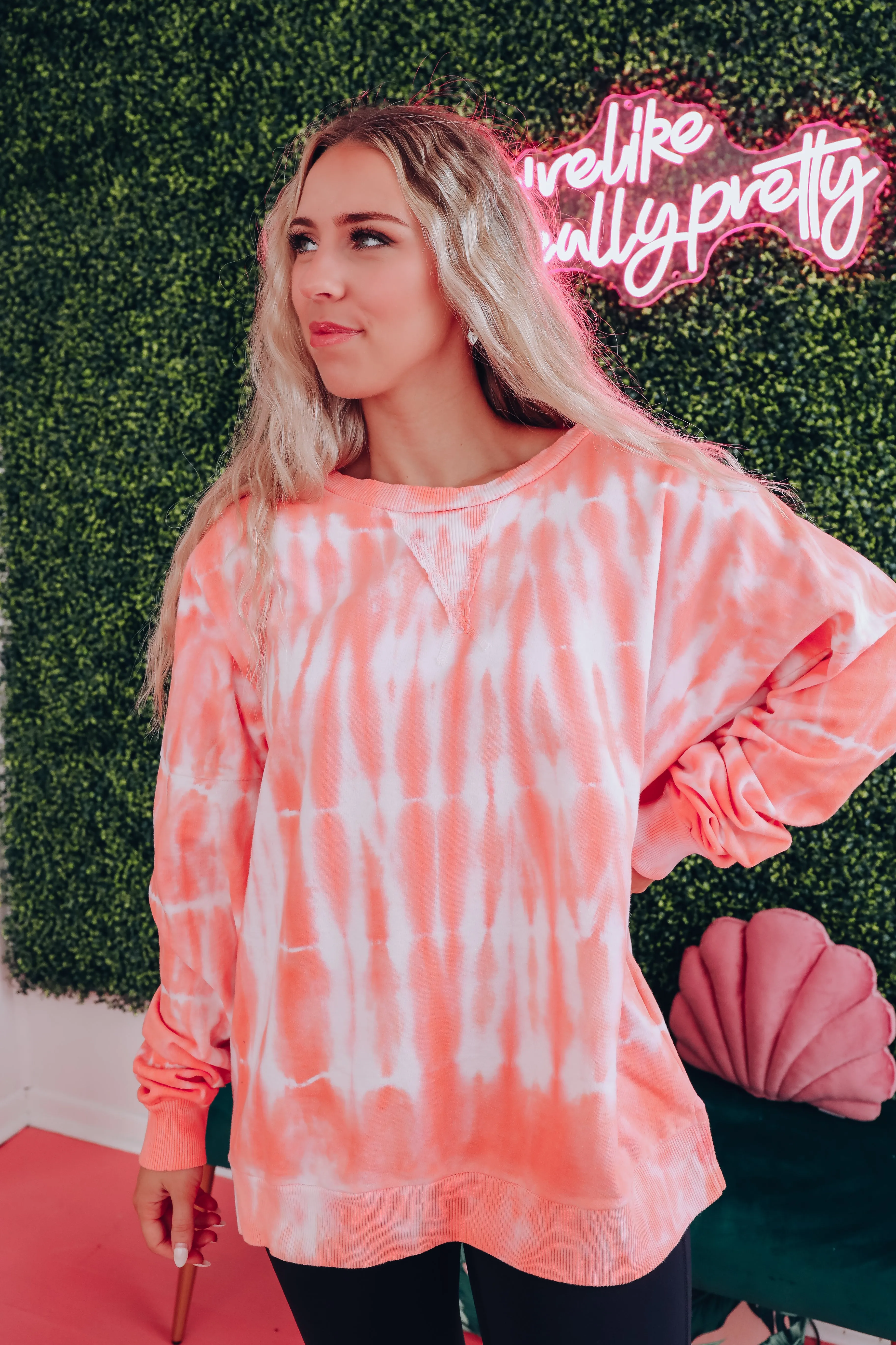 Free Form Tie Dye Long Sleeve Top - Neon Coral