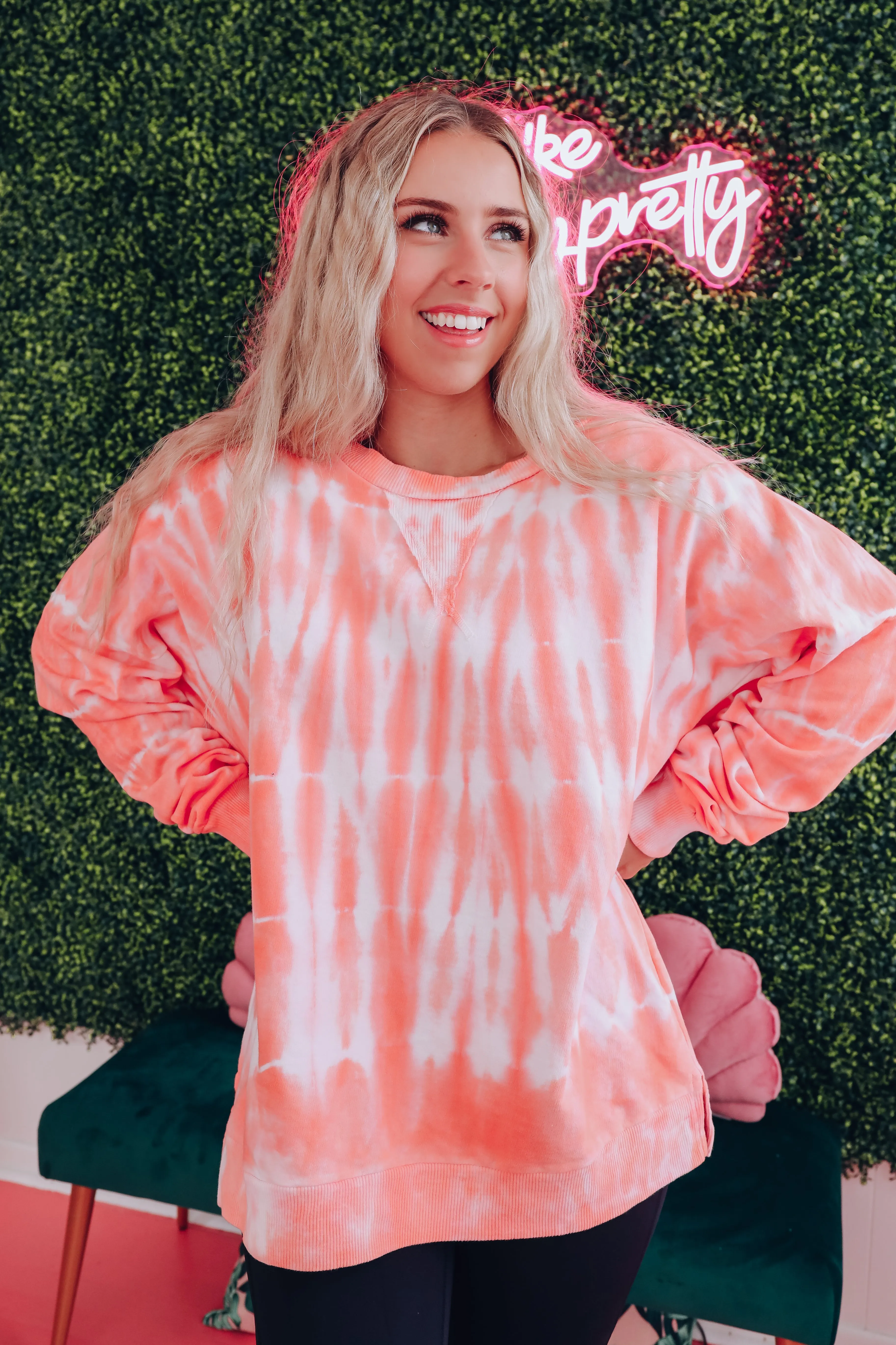 Free Form Tie Dye Long Sleeve Top - Neon Coral