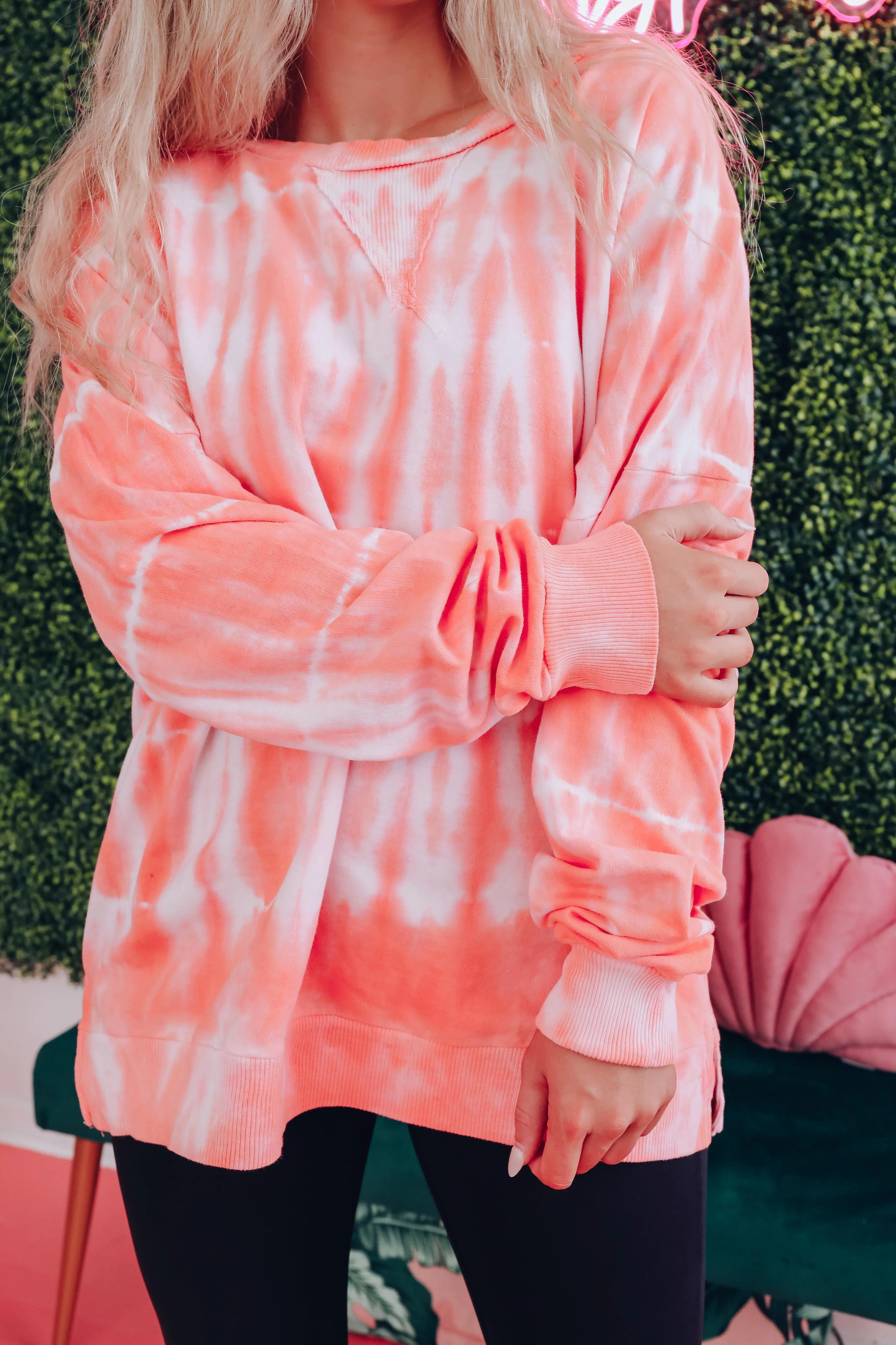 Free Form Tie Dye Long Sleeve Top - Neon Coral