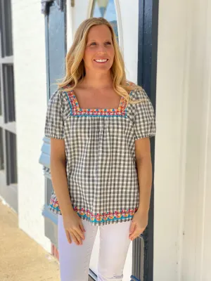 Going Gingham Embroidered Top Going Gingham Embroidered Top