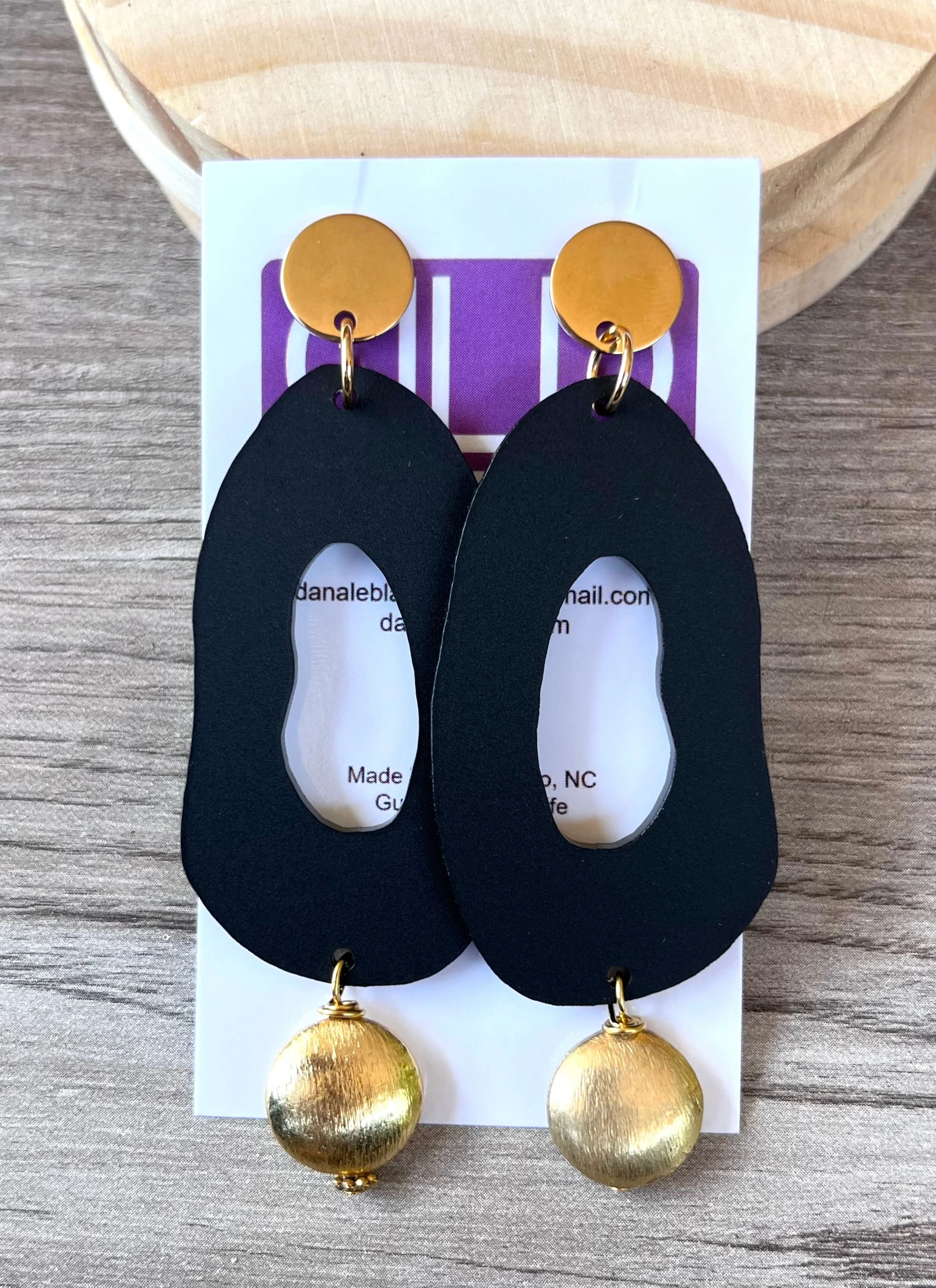 Gold Black Matte Acrylic Statement Lucite Big Dangle Earrings - Sylvia