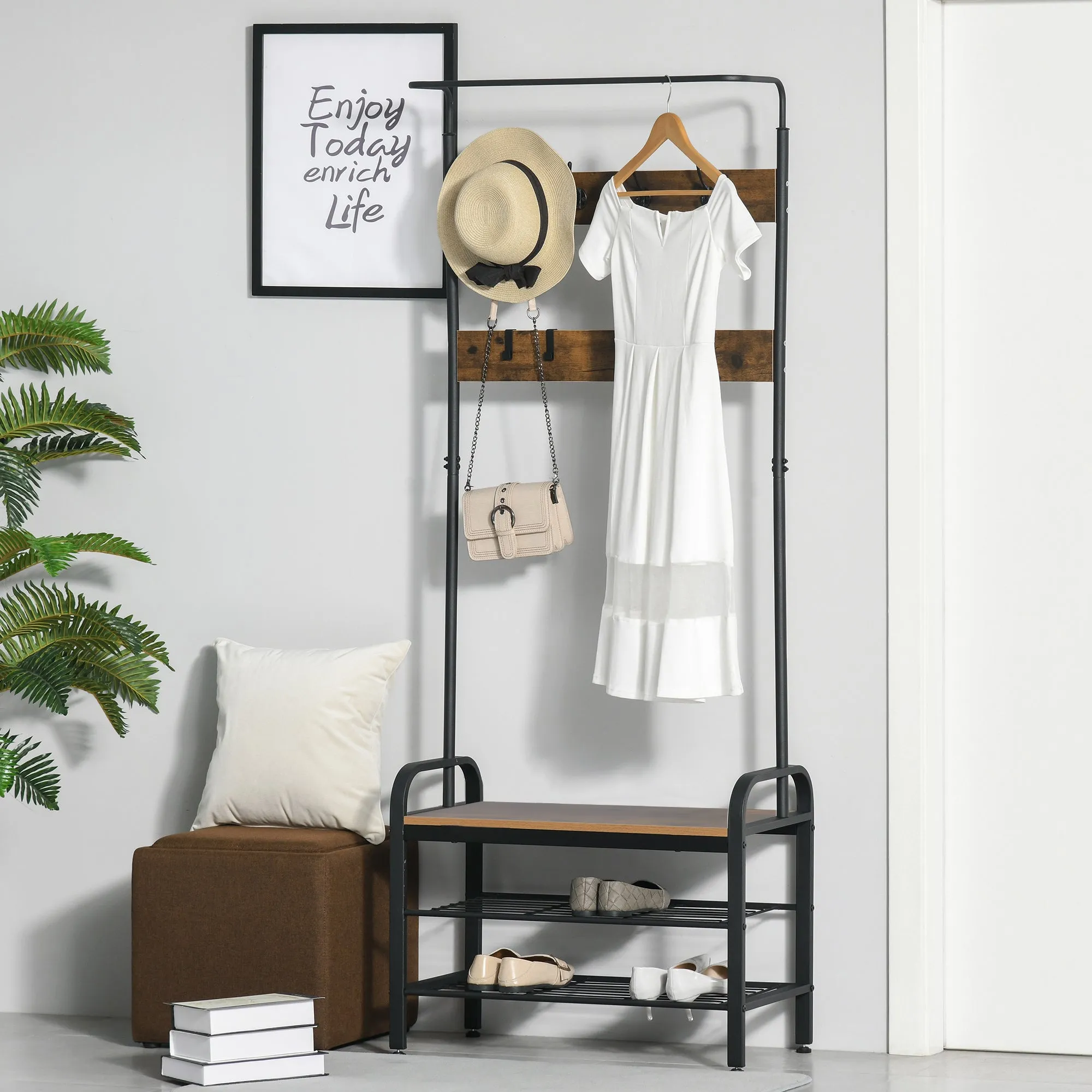 HOMCOM Coat Rack Stand Industrial hallway Shoe Rack Removable Hooks Metal Wood Hangers Storage Cabinet Rustic Brown 72L_34W_185H(cm)
