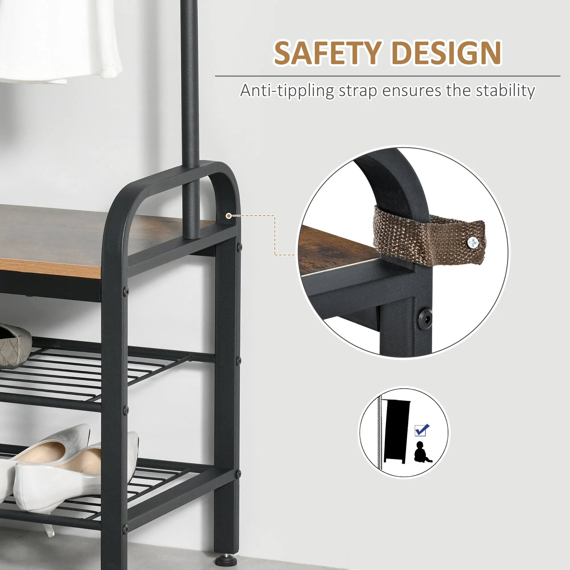 HOMCOM Coat Rack Stand Industrial hallway Shoe Rack Removable Hooks Metal Wood Hangers Storage Cabinet Rustic Brown 72L_34W_185H(cm)