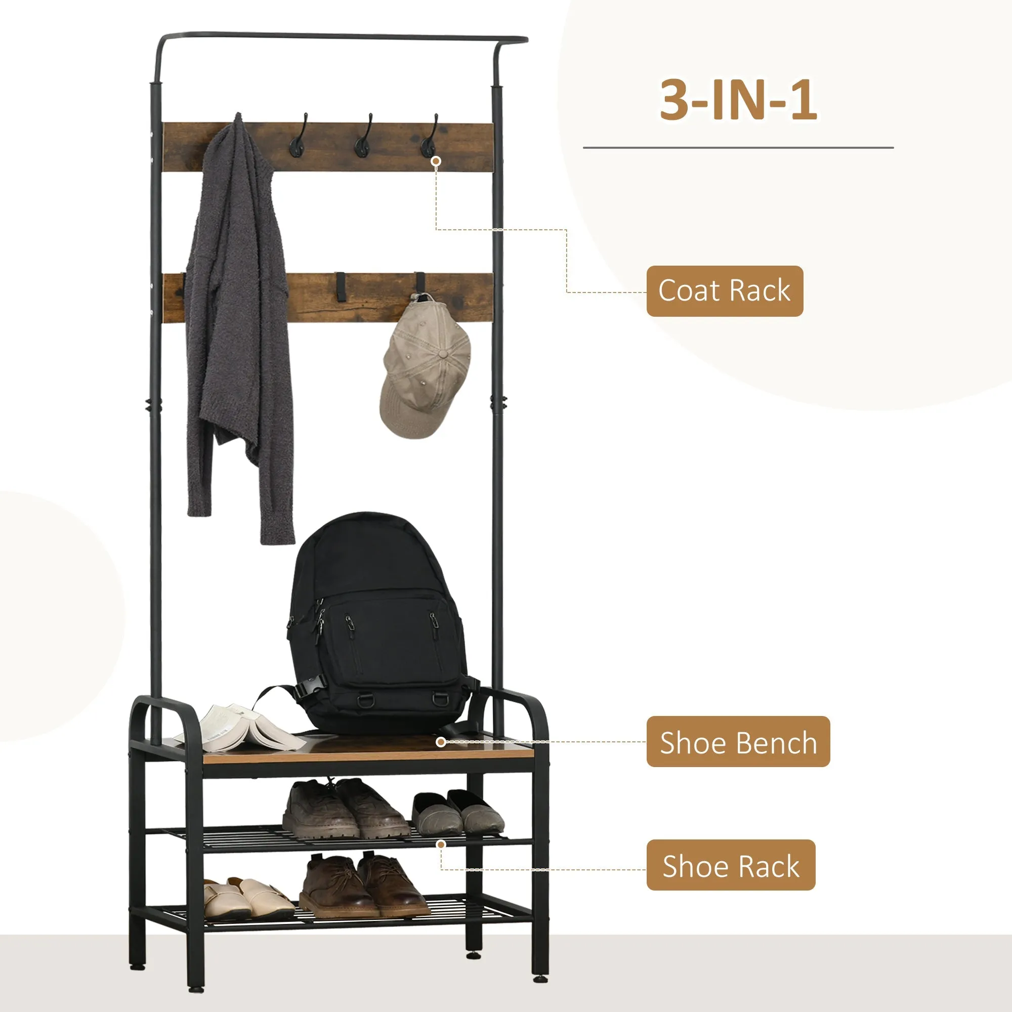 HOMCOM Coat Rack Stand Industrial hallway Shoe Rack Removable Hooks Metal Wood Hangers Storage Cabinet Rustic Brown 72L_34W_185H(cm)
