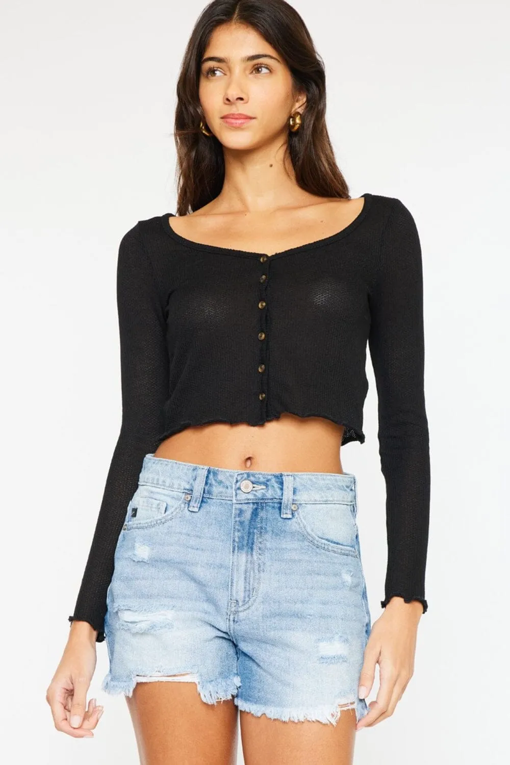 Kancan Medium Blue High Waist Frayed Denim Shorts