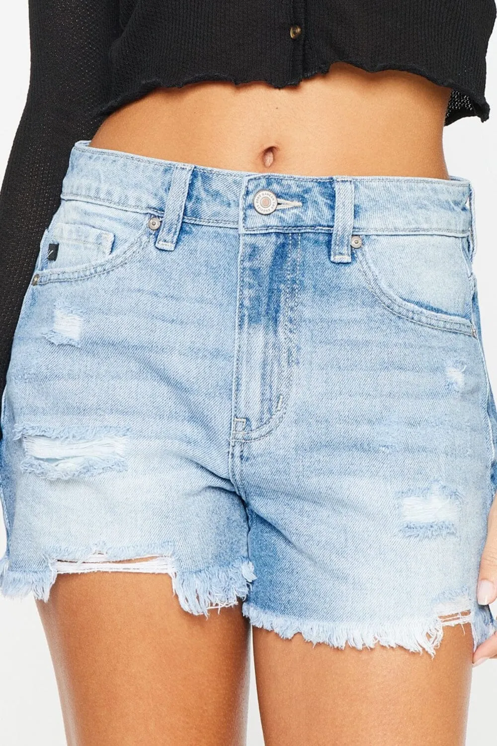 Kancan Medium Blue High Waist Frayed Denim Shorts