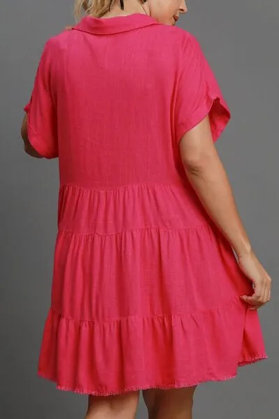 Keep It Casual Raw Hem Tiered Dress in Hot Pink