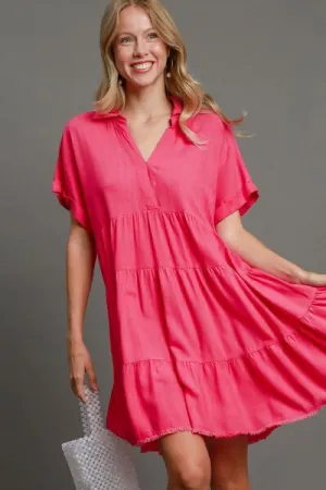 Keep It Casual Raw Hem Tiered Dress in Hot Pink