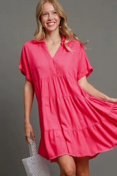 Keep It Casual Raw Hem Tiered Dress in Hot Pink