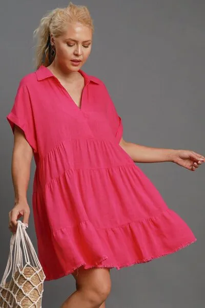 Keep It Casual Raw Hem Tiered Dress in Hot Pink